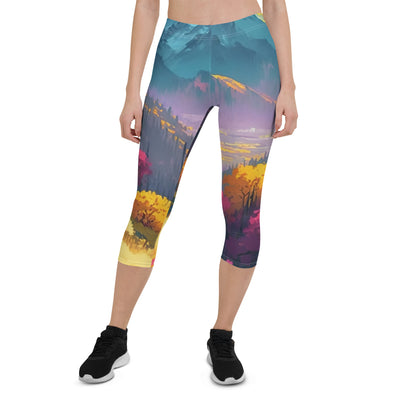 Berge, pinke und gelbe Bäume, sowie Blumen - Farbige Malerei - Capri Leggings (All-Over Print) berge xxx XL