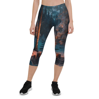 Lagerfeuer beim Camping - Wald mit Schneebedeckten Bäumen - Malerei - Capri Leggings (All-Over Print) camping xxx XL