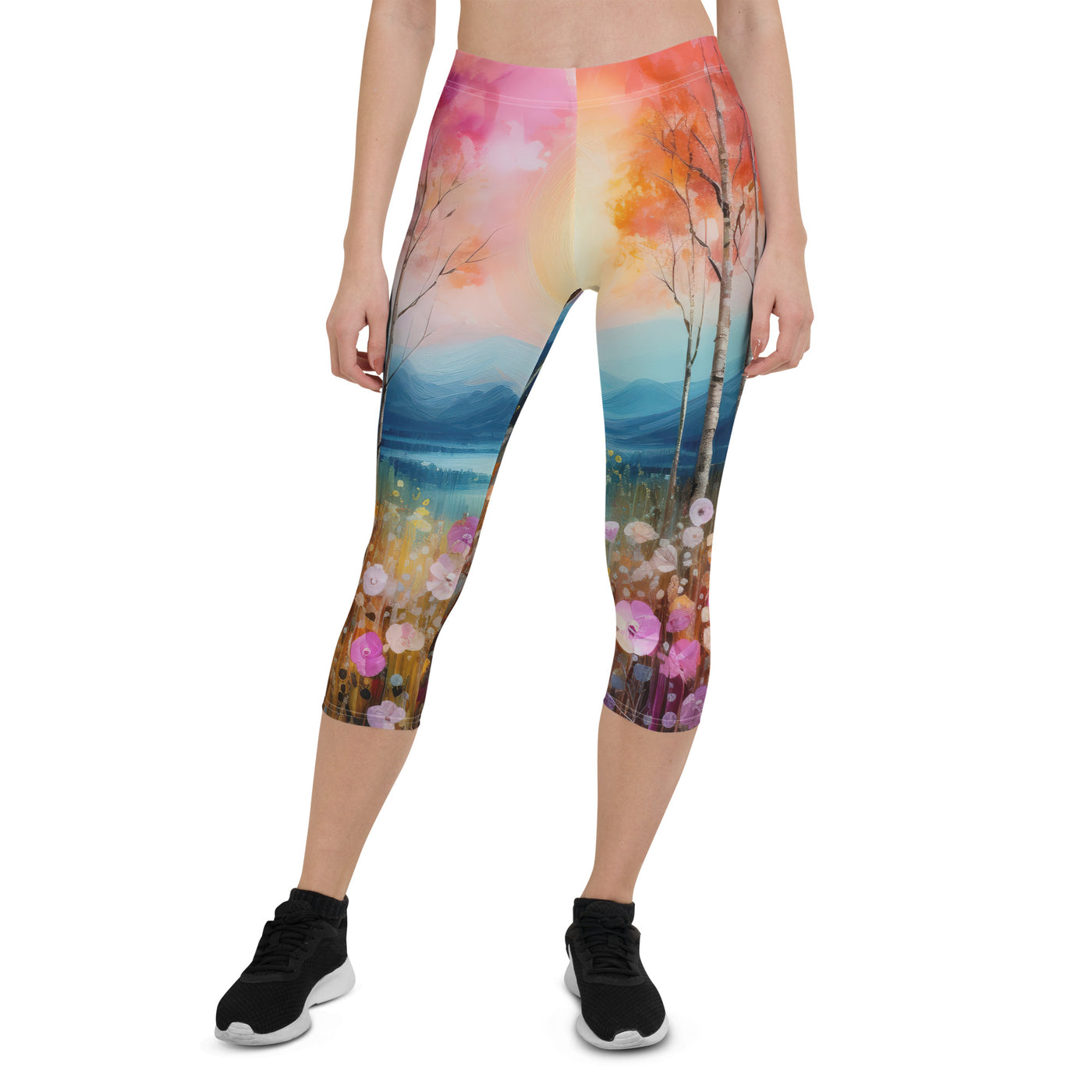 Berge, See, pinke Bäume und Blumen - Malerei - Capri Leggings (All-Over Print) berge xxx XL