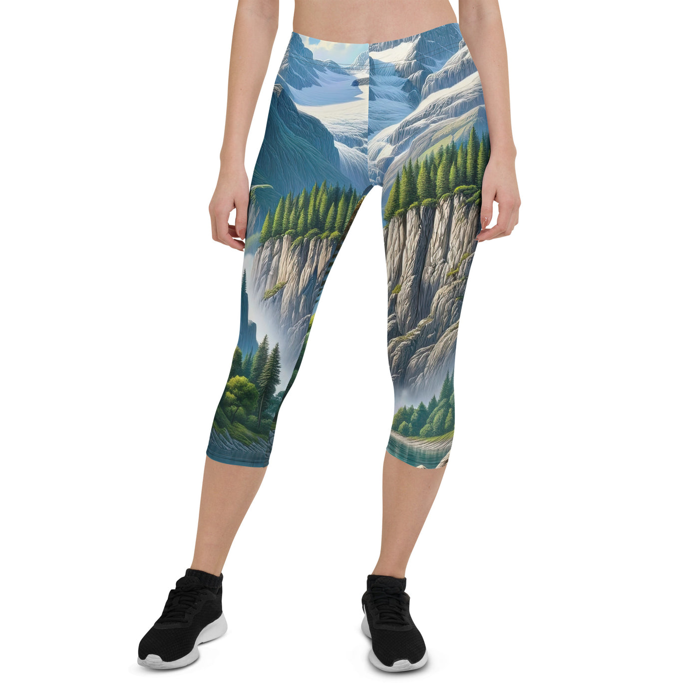 Illustration einer unberührten Alpenkulisse im Hochsommer. Wasserfall und See - Capri Leggings (All-Over Print) berge xxx yyy zzz XL