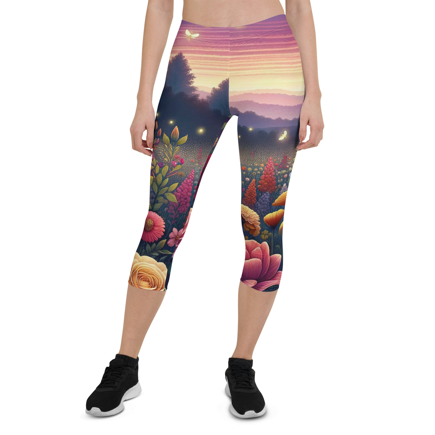 Skurriles Blumenfeld in Dämmerung, farbenfrohe Rosen, Lilien, Ringelblumen - Capri Leggings (All-Over Print) camping xxx yyy zzz XL