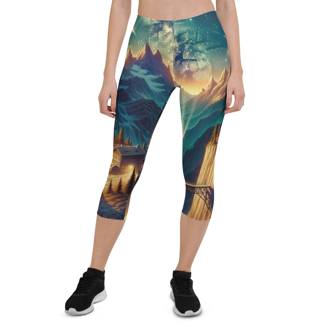 Alpine Wildnis mit Bergdorf unter sternenklarem Nachthimmel - Capri Leggings (All-Over Print) berge xxx yyy zzz XL