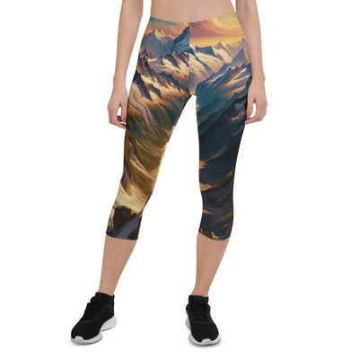 Ölgemälde eines Wanderers auf einem Hügel mit Panoramablick auf schneebedeckte Alpen und goldenen Himmel - Capri Leggings (All-Over Print) wandern xxx yyy zzz XL