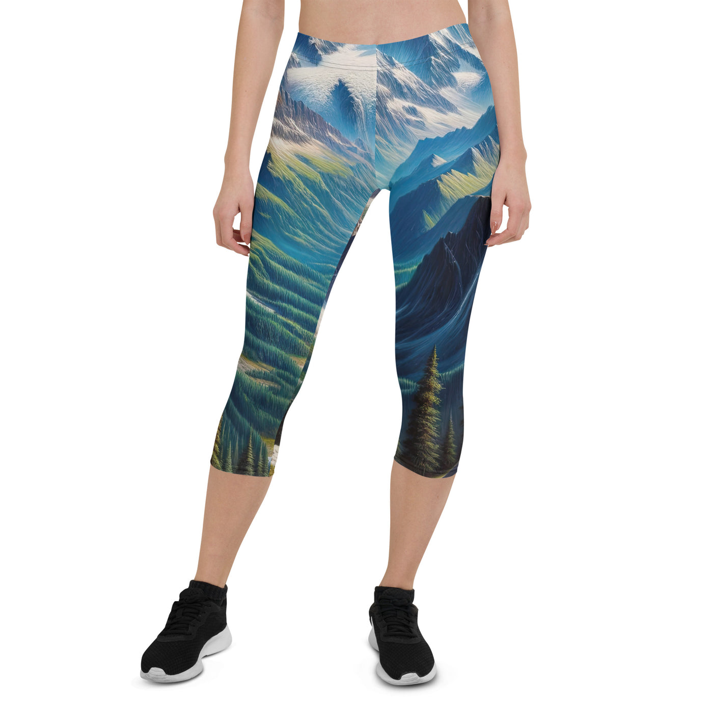 Panorama-Ölgemälde der Alpen mit schneebedeckten Gipfeln und schlängelnden Flusstälern - Capri Leggings (All-Over Print) berge xxx yyy zzz XL