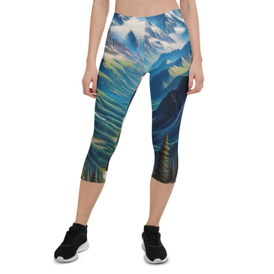 Panorama-Ölgemälde der Alpen mit schneebedeckten Gipfeln und schlängelnden Flusstälern - Capri Leggings (All-Over Print) berge xxx yyy zzz XL