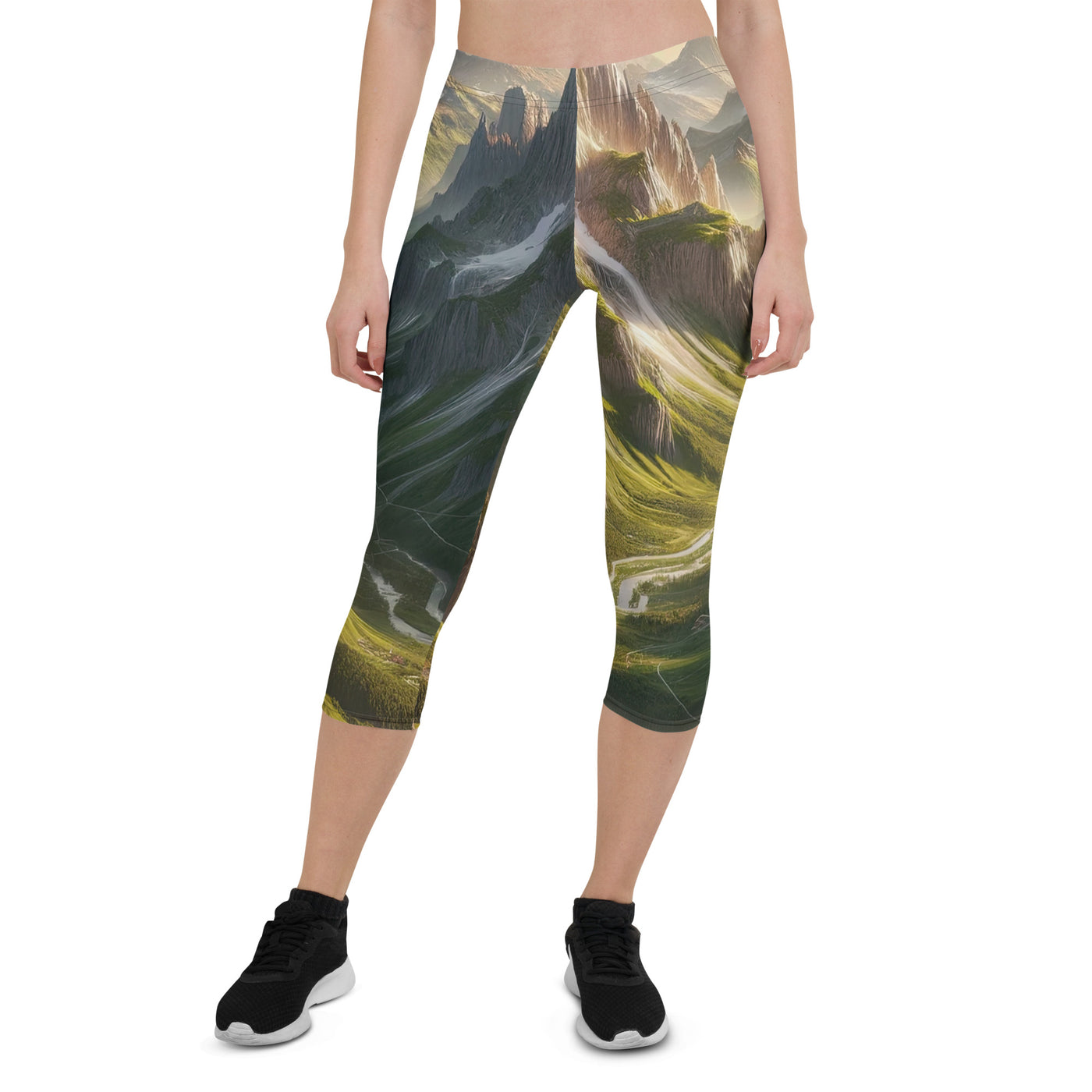 Fotorealistisches Bild der Alpen mit österreichischer Flagge, scharfen Gipfeln und grünen Tälern - Capri Leggings (All-Over Print) berge xxx yyy zzz XL