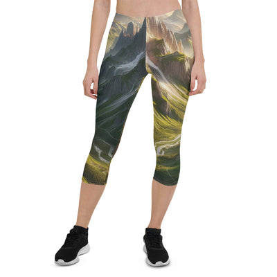 Fotorealistisches Bild der Alpen mit österreichischer Flagge, scharfen Gipfeln und grünen Tälern - Capri Leggings (All-Over Print) berge xxx yyy zzz XL