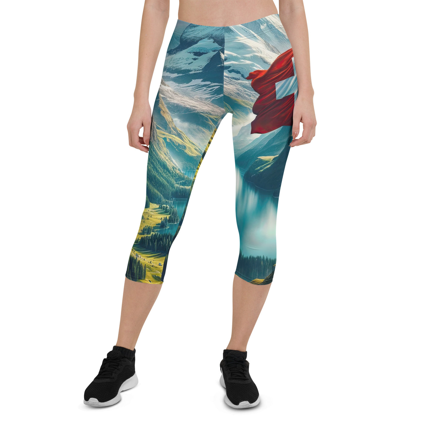 Ultraepische, fotorealistische Darstellung der Schweizer Alpenlandschaft mit Schweizer Flagge - Capri Leggings (All-Over Print) berge xxx yyy zzz XL