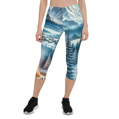 Aquarell eines Winterabends in den Alpen mit Lagerfeuer und Wanderern, glitzernder Neuschnee - Capri Leggings (All-Over Print) camping xxx yyy zzz XL