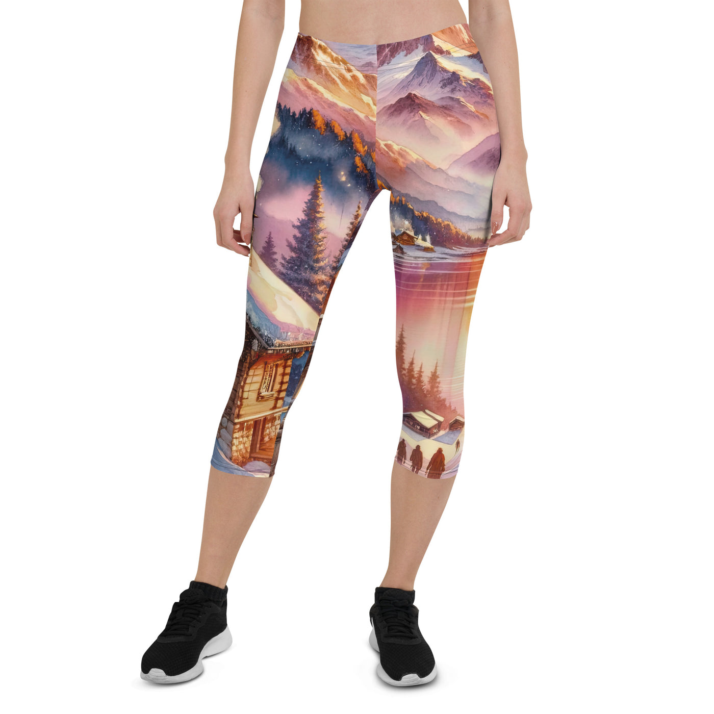 Aquarell eines Alpenpanoramas mit Wanderern bei Sonnenuntergang in Rosa und Gold - Capri Leggings (All-Over Print) wandern xxx yyy zzz XL