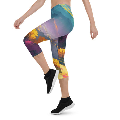 Berge, pinke und gelbe Bäume, sowie Blumen - Farbige Malerei - Capri Leggings (All-Over Print) berge xxx