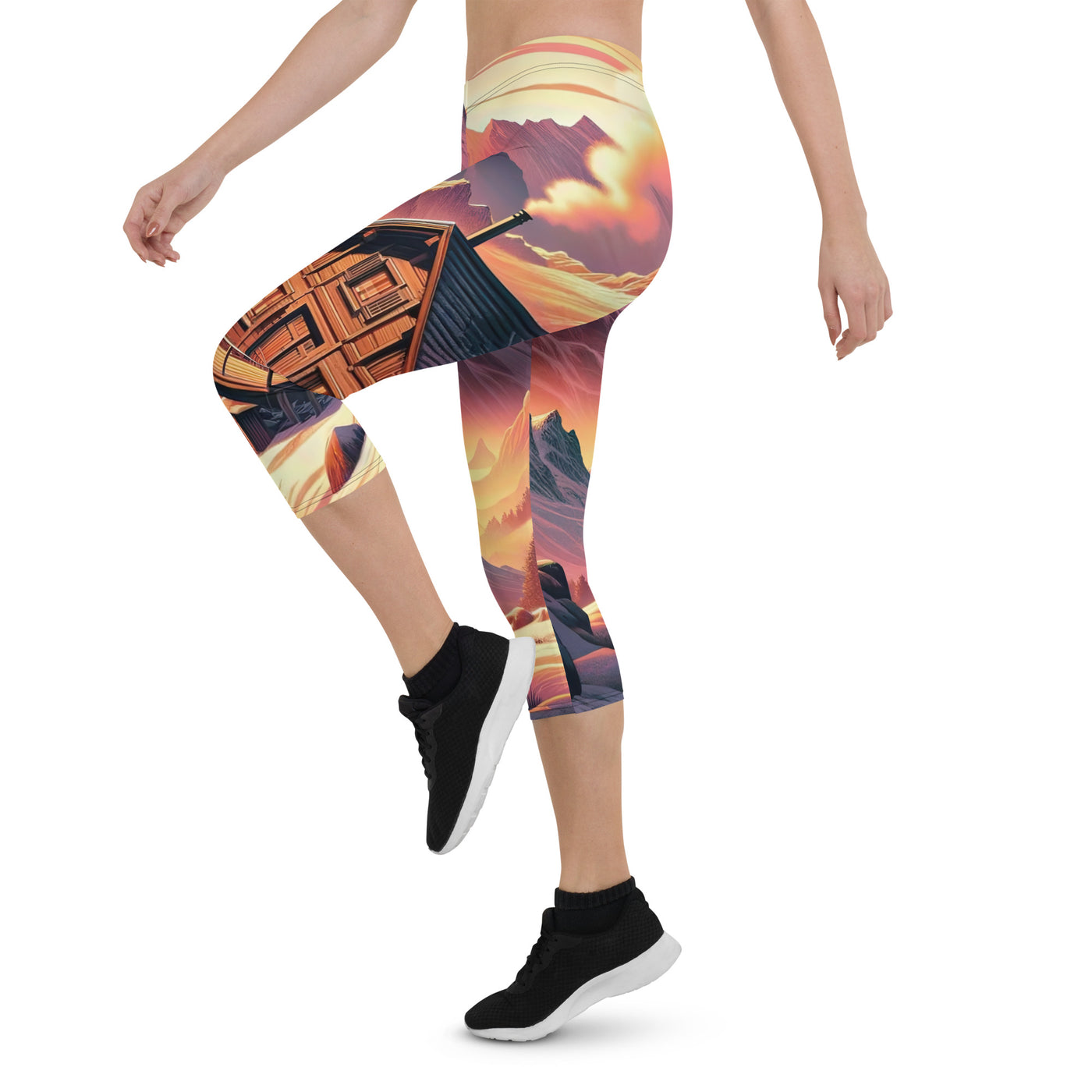 Berghütte im goldenen Sonnenuntergang: Digitale Alpenillustration - Capri Leggings (All-Over Print) berge xxx yyy zzz