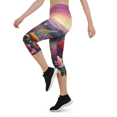 Skurriles Blumenfeld in Dämmerung, farbenfrohe Rosen, Lilien, Ringelblumen - Capri Leggings (All-Over Print) camping xxx yyy zzz