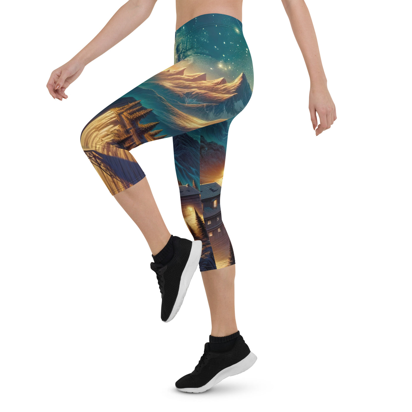 Alpine Wildnis mit Bergdorf unter sternenklarem Nachthimmel - Capri Leggings (All-Over Print) berge xxx yyy zzz