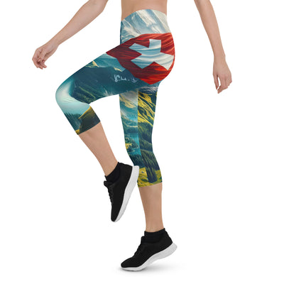 Ultraepische, fotorealistische Darstellung der Schweizer Alpenlandschaft mit Schweizer Flagge - Capri Leggings (All-Over Print) berge xxx yyy zzz