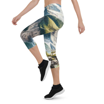 Aquarell-Panoramablick der Alpen mit schneebedeckten Gipfeln, Wasserfällen und Wanderern - Capri Leggings (All-Over Print) wandern xxx yyy zzz