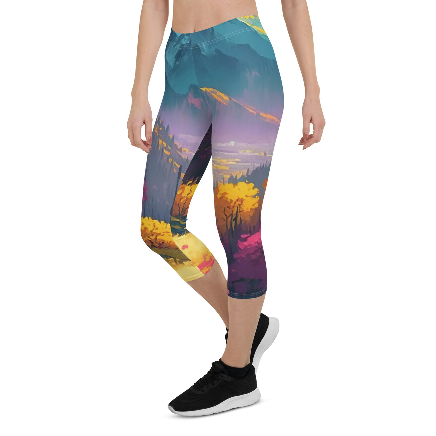 Berge, pinke und gelbe Bäume, sowie Blumen - Farbige Malerei - Capri Leggings (All-Over Print) berge xxx