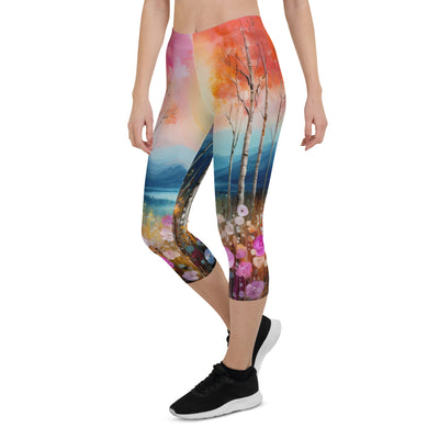 Berge, See, pinke Bäume und Blumen - Malerei - Capri Leggings (All-Over Print) berge xxx