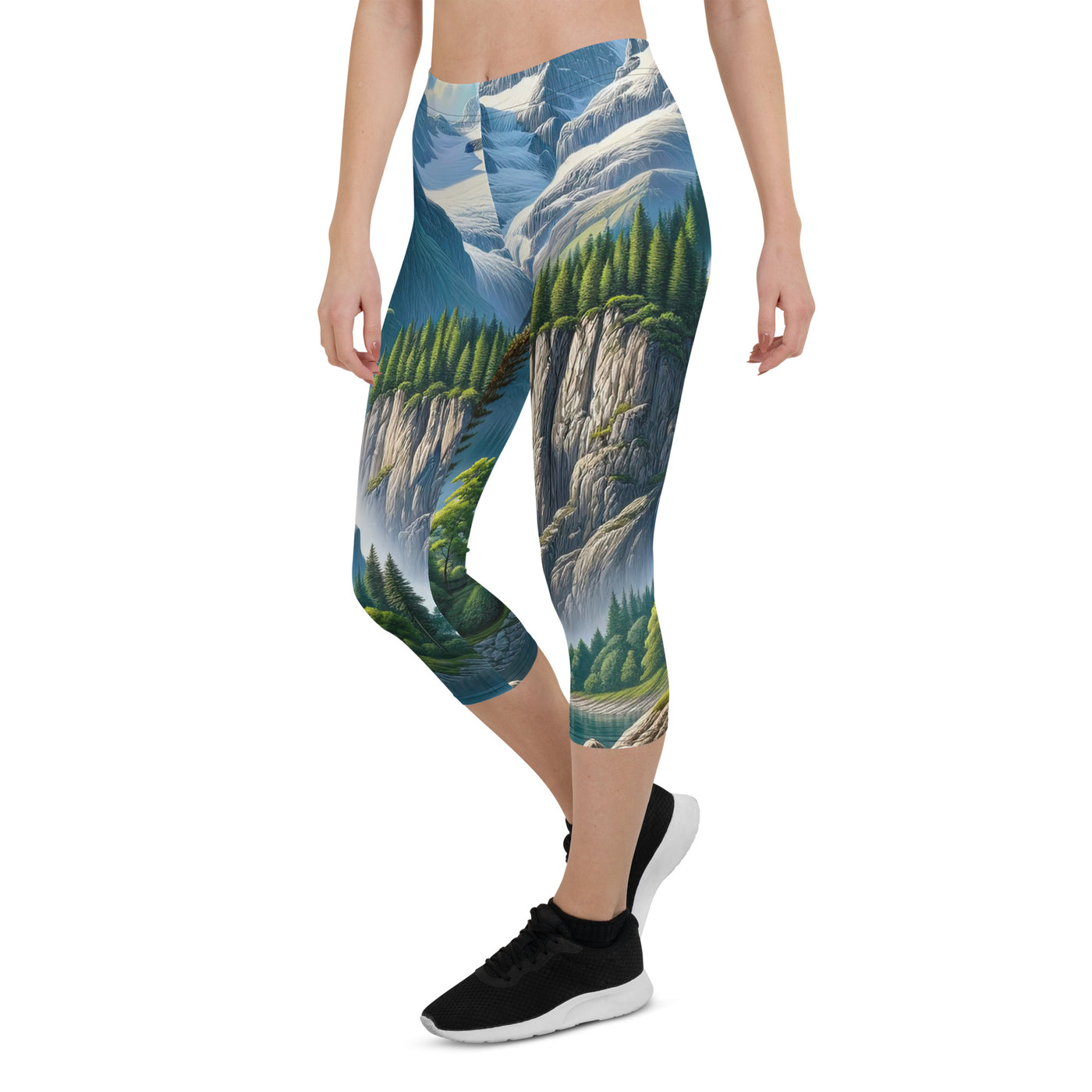 Illustration einer unberührten Alpenkulisse im Hochsommer. Wasserfall und See - Capri Leggings (All-Over Print) berge xxx yyy zzz