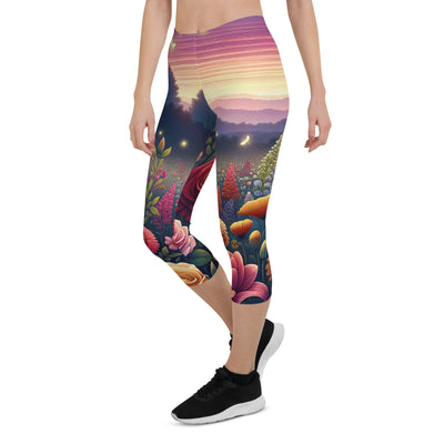 Skurriles Blumenfeld in Dämmerung, farbenfrohe Rosen, Lilien, Ringelblumen - Capri Leggings (All-Over Print) camping xxx yyy zzz