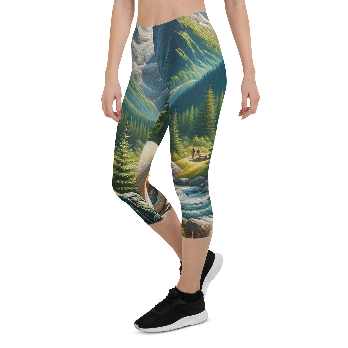 Ölgemälde der Alpensommerlandschaft mit Zelt, Gipfeln, Wäldern und Bächen - Capri Leggings (All-Over Print) camping xxx yyy zzz