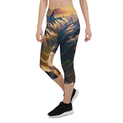 Ölgemälde eines Wanderers auf einem Hügel mit Panoramablick auf schneebedeckte Alpen und goldenen Himmel - Capri Leggings (All-Over Print) wandern xxx yyy zzz