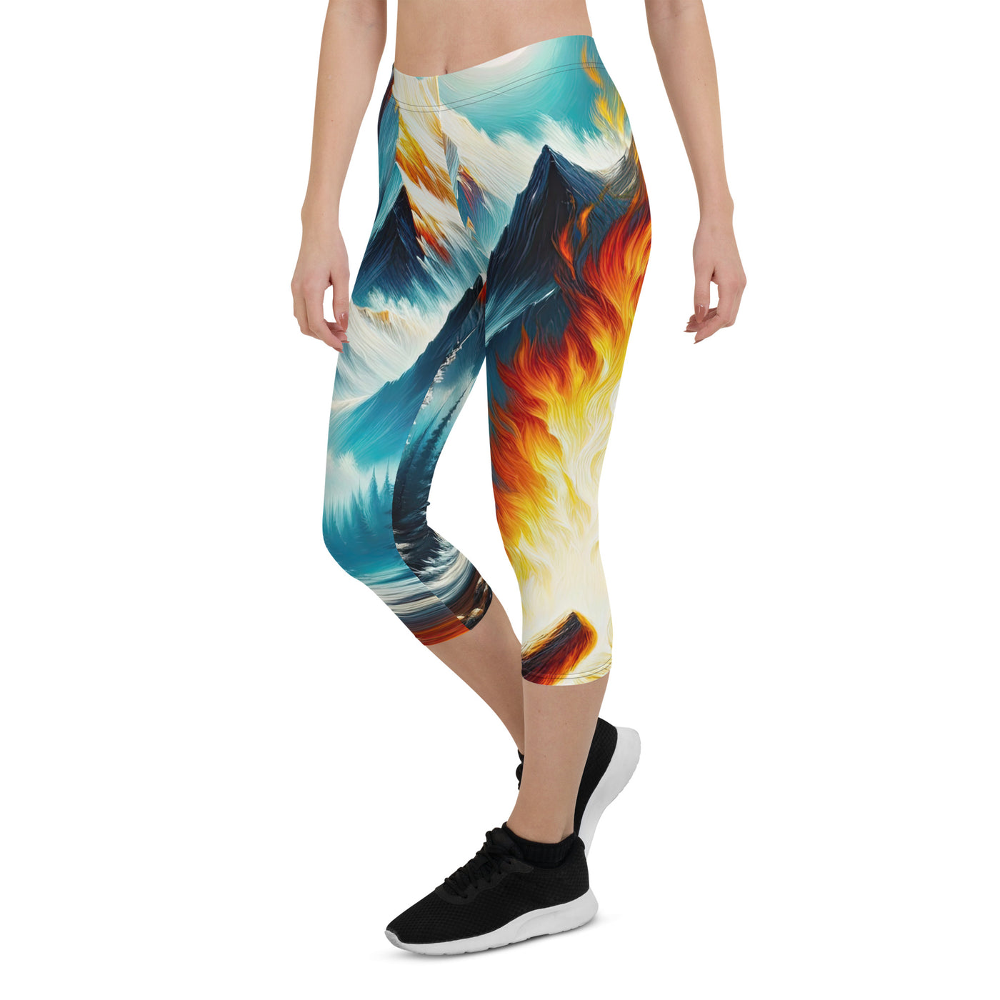 Ölgemälde von Feuer und Eis: Lagerfeuer und Alpen im Kontrast, warme Flammen - Capri Leggings (All-Over Print) camping xxx yyy zzz