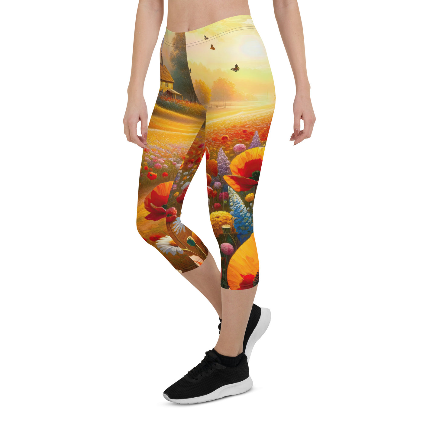 Ölgemälde eines Blumenfeldes im Sonnenuntergang, leuchtende Farbpalette - Capri Leggings (All-Over Print) camping xxx yyy zzz