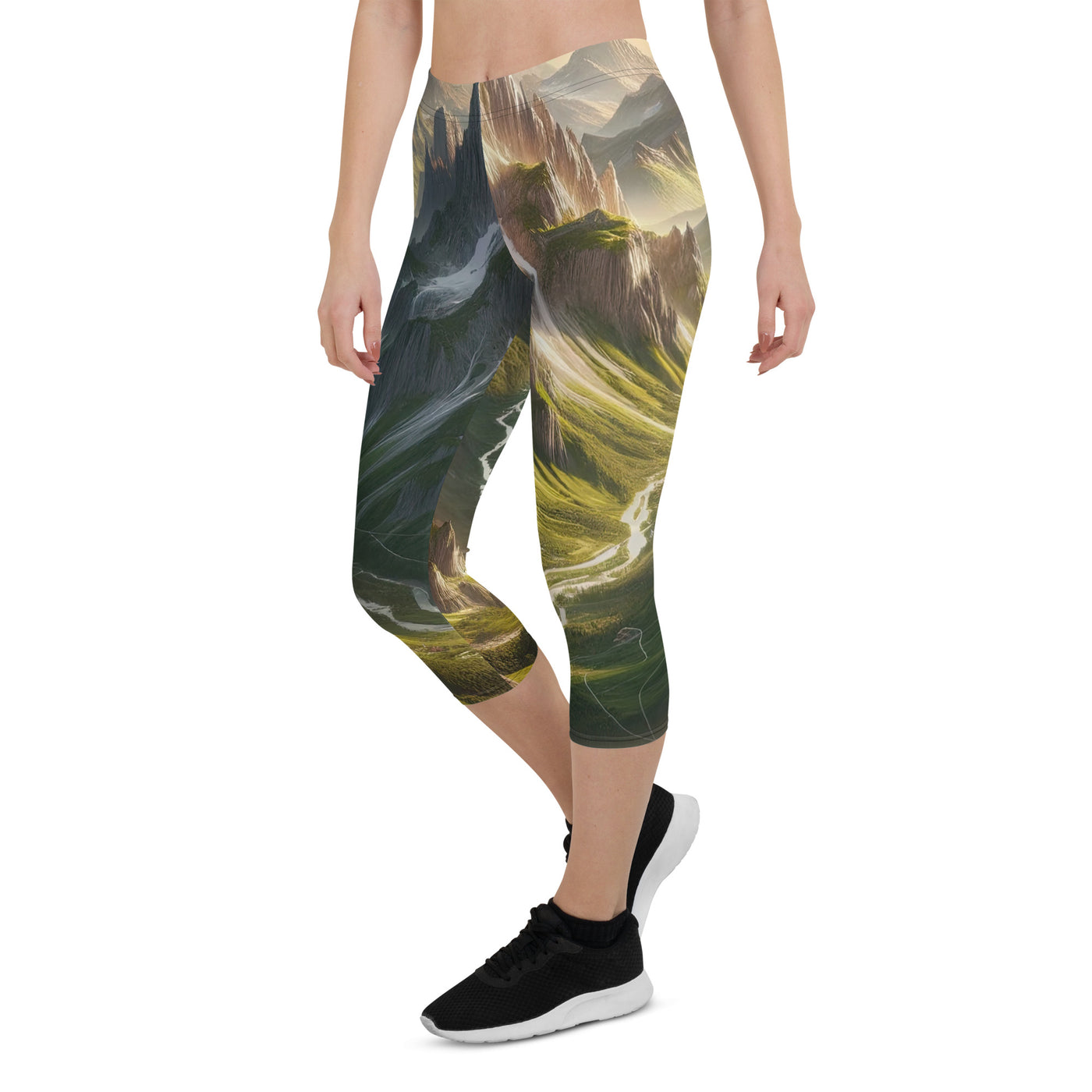 Fotorealistisches Bild der Alpen mit österreichischer Flagge, scharfen Gipfeln und grünen Tälern - Capri Leggings (All-Over Print) berge xxx yyy zzz