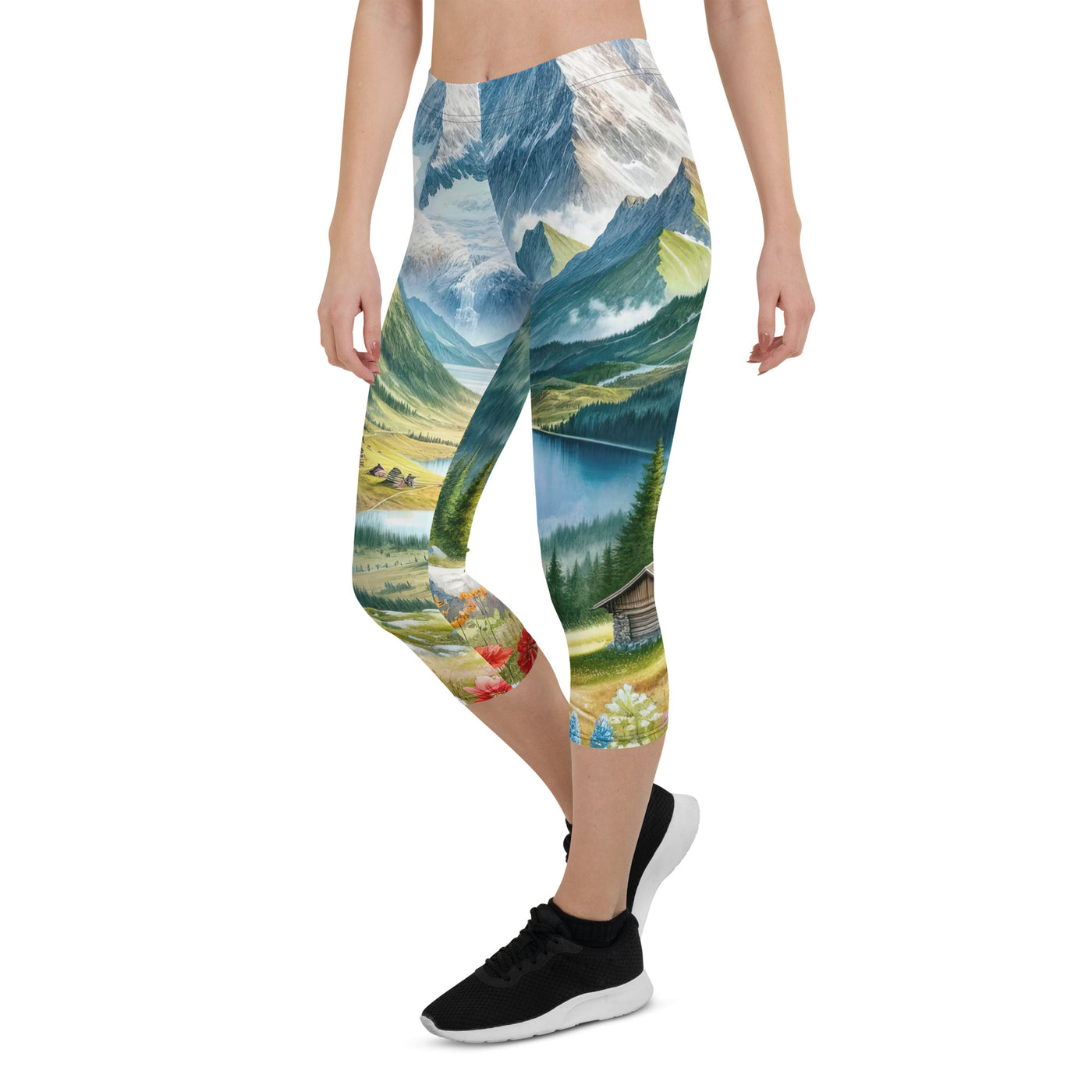 Quadratisches Aquarell der Alpen, Berge mit schneebedeckten Spitzen - Capri Leggings (All-Over Print) berge xxx yyy zzz