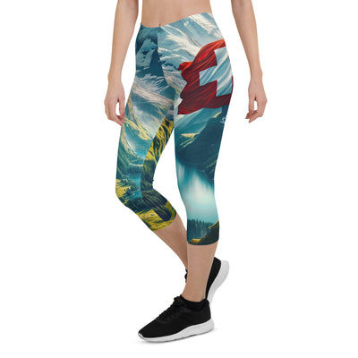 Ultraepische, fotorealistische Darstellung der Schweizer Alpenlandschaft mit Schweizer Flagge - Capri Leggings (All-Over Print) berge xxx yyy zzz