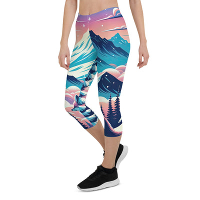 Vektorgrafik eines alpinen Winterwunderlandes mit schneebedeckten Kiefern und einem Fuchs - Capri Leggings (All-Over Print) camping xxx yyy zzz