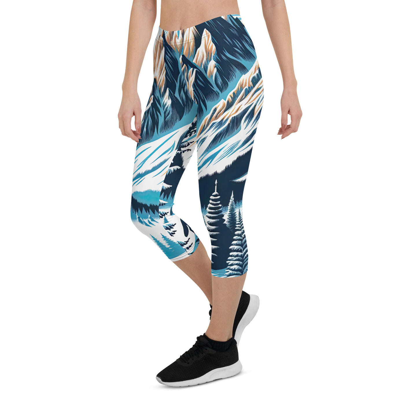 Vektorgrafik eines Wolfes im winterlichen Alpenmorgen, Berge mit Schnee- und Felsmustern - Capri Leggings (All-Over Print) berge xxx yyy zzz