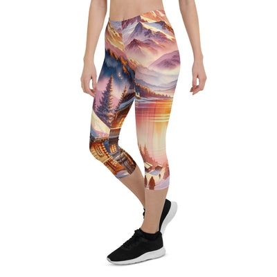 Aquarell eines Alpenpanoramas mit Wanderern bei Sonnenuntergang in Rosa und Gold - Capri Leggings (All-Over Print) wandern xxx yyy zzz