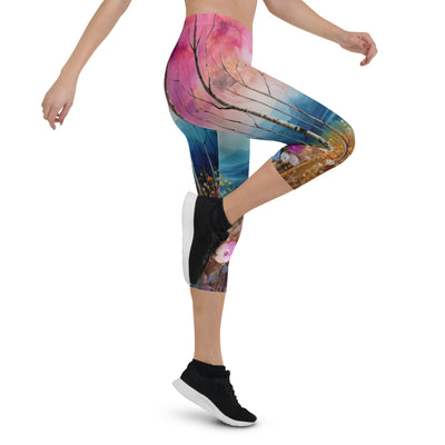 Berge, See, pinke Bäume und Blumen - Malerei - Capri Leggings (All-Over Print) berge xxx