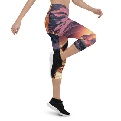 Berghütte im goldenen Sonnenuntergang: Digitale Alpenillustration - Capri Leggings (All-Over Print) berge xxx yyy zzz