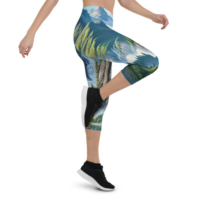 Illustration einer unberührten Alpenkulisse im Hochsommer. Wasserfall und See - Capri Leggings (All-Over Print) berge xxx yyy zzz