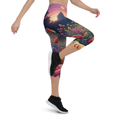 Skurriles Blumenfeld in Dämmerung, farbenfrohe Rosen, Lilien, Ringelblumen - Capri Leggings (All-Over Print) camping xxx yyy zzz