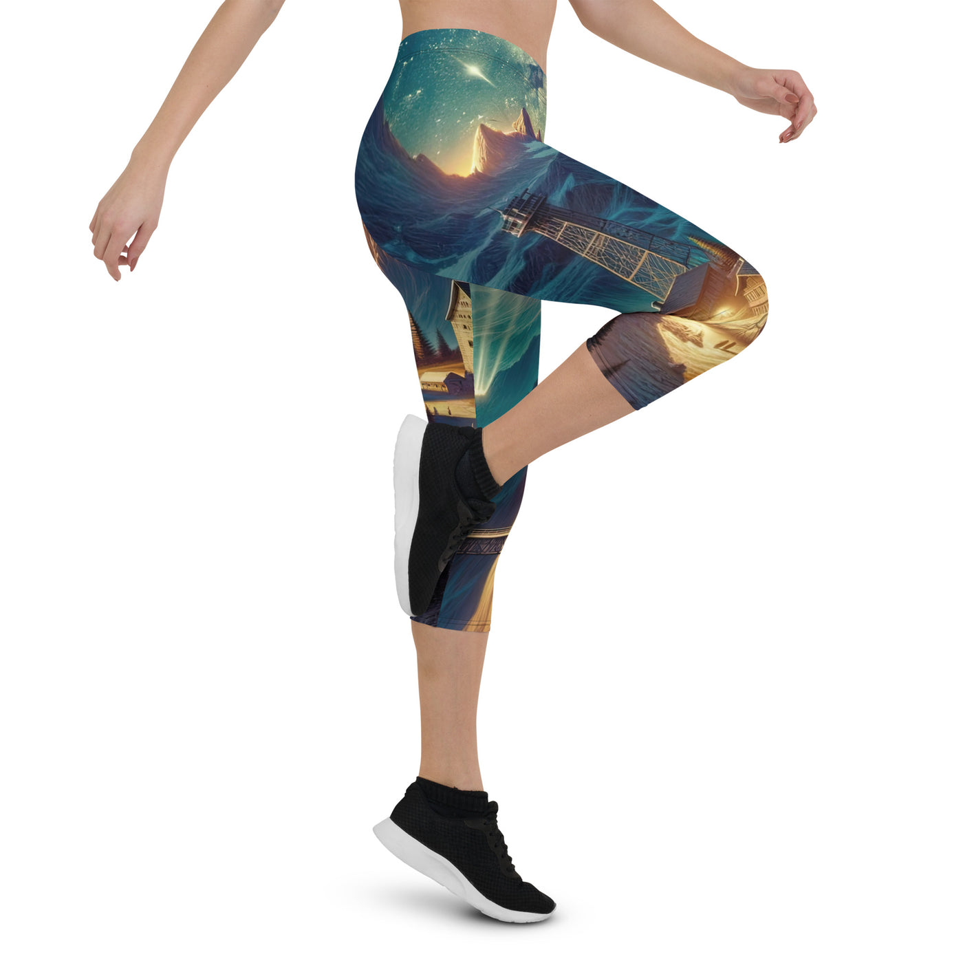 Alpine Wildnis mit Bergdorf unter sternenklarem Nachthimmel - Capri Leggings (All-Over Print) berge xxx yyy zzz