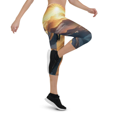 Fotorealistische Darstellung der Alpen bei Sonnenaufgang, Wanderin unter einem gold-purpurnen Himmel - Capri Leggings (All-Over Print) wandern xxx yyy zzz