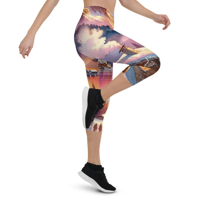 Aquarell eines Alpenpanoramas mit Wanderern bei Sonnenuntergang in Rosa und Gold - Capri Leggings (All-Over Print) wandern xxx yyy zzz