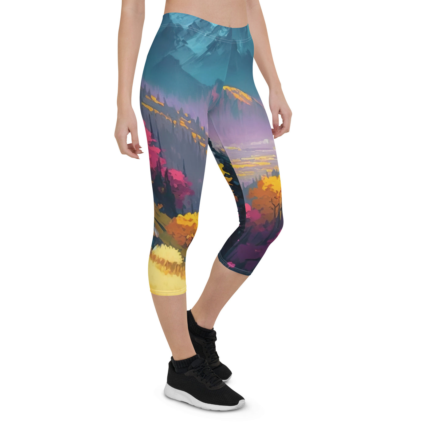 Berge, pinke und gelbe Bäume, sowie Blumen - Farbige Malerei - Capri Leggings (All-Over Print) berge xxx