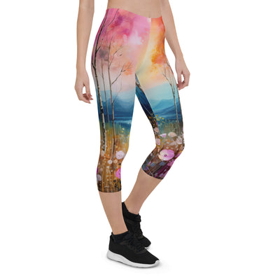 Berge, See, pinke Bäume und Blumen - Malerei - Capri Leggings (All-Over Print) berge xxx