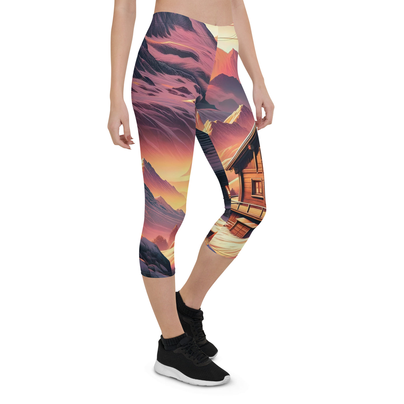 Berghütte im goldenen Sonnenuntergang: Digitale Alpenillustration - Capri Leggings (All-Over Print) berge xxx yyy zzz