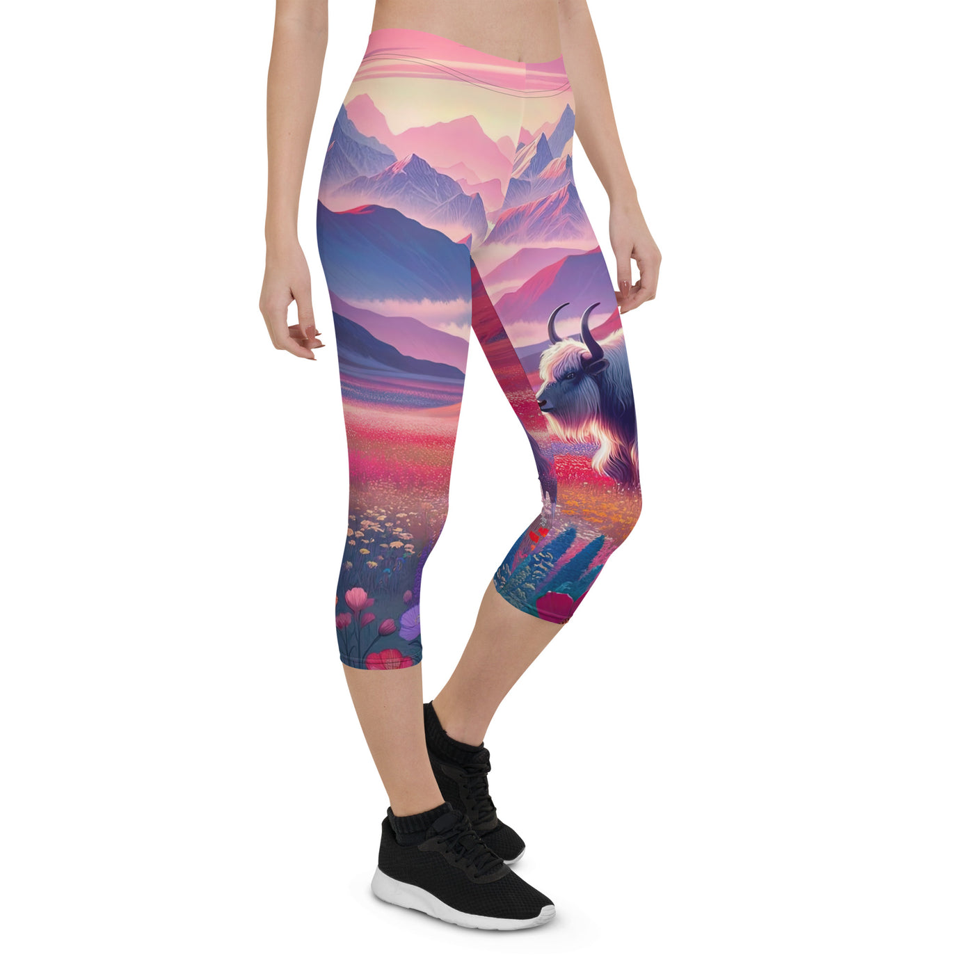 Verträumte Berg-Abenddämmerung mit Hochlandrind und blumigem Glanz - Capri Leggings (All-Over Print) berge xxx yyy zzz