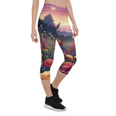 Skurriles Blumenfeld in Dämmerung, farbenfrohe Rosen, Lilien, Ringelblumen - Capri Leggings (All-Over Print) camping xxx yyy zzz