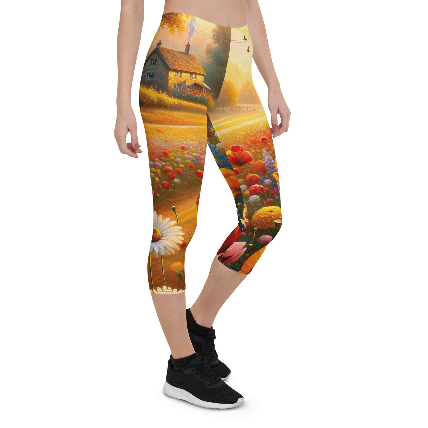 Ölgemälde eines Blumenfeldes im Sonnenuntergang, leuchtende Farbpalette - Capri Leggings (All-Over Print) camping xxx yyy zzz