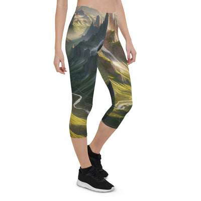 Fotorealistisches Bild der Alpen mit österreichischer Flagge, scharfen Gipfeln und grünen Tälern - Capri Leggings (All-Over Print) berge xxx yyy zzz