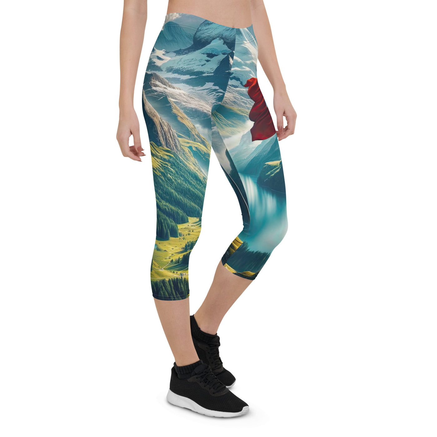 Ultraepische, fotorealistische Darstellung der Schweizer Alpenlandschaft mit Schweizer Flagge - Capri Leggings (All-Over Print) berge xxx yyy zzz