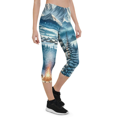 Aquarell eines Winterabends in den Alpen mit Lagerfeuer und Wanderern, glitzernder Neuschnee - Capri Leggings (All-Over Print) camping xxx yyy zzz